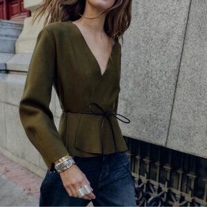 NWT Zara Belted Cardigan Jacket | Quiet Luxury Minimalist Chic Dark Khaki 9598